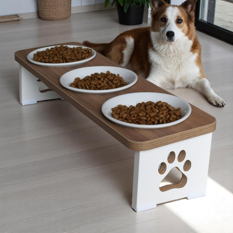 Premium Elevated Triple Feeder in MDF with Stainless Steel/Porcelain Bowls – ForPatas™ 