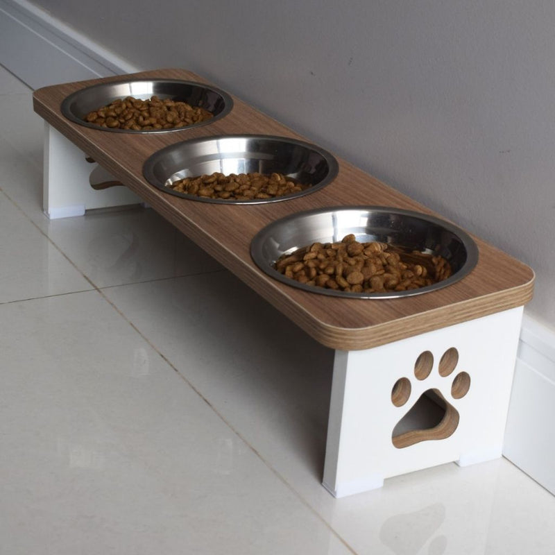 Premium Elevated Triple Feeder in MDF with Stainless Steel/Porcelain Bowls – ForPatas™ 